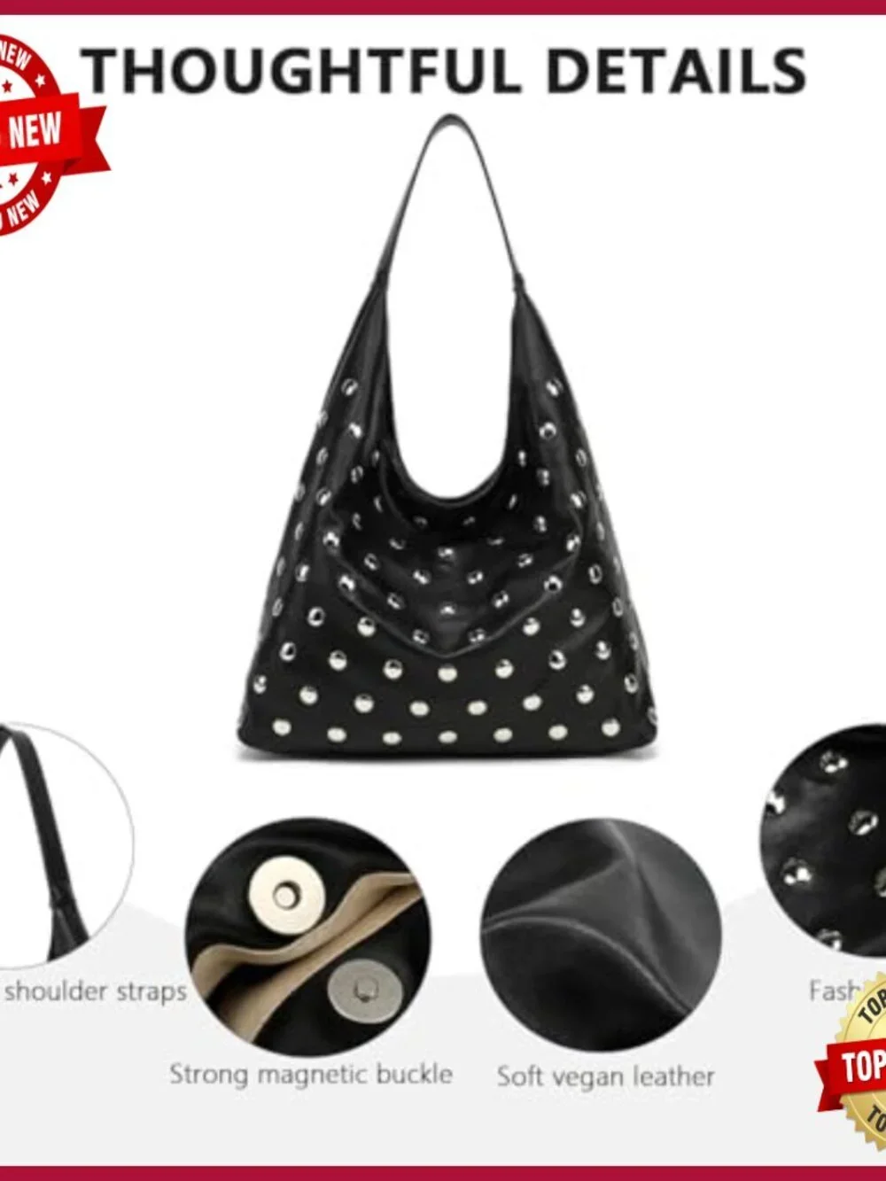 Studded Vegan Leather Hobo Tote Shoulder Bag Spacious Slouchy Purse